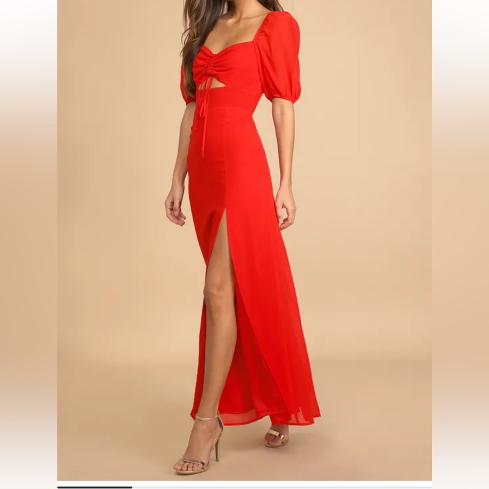 True Romantic Red Ruched Puff Sleeve Maxi Dress